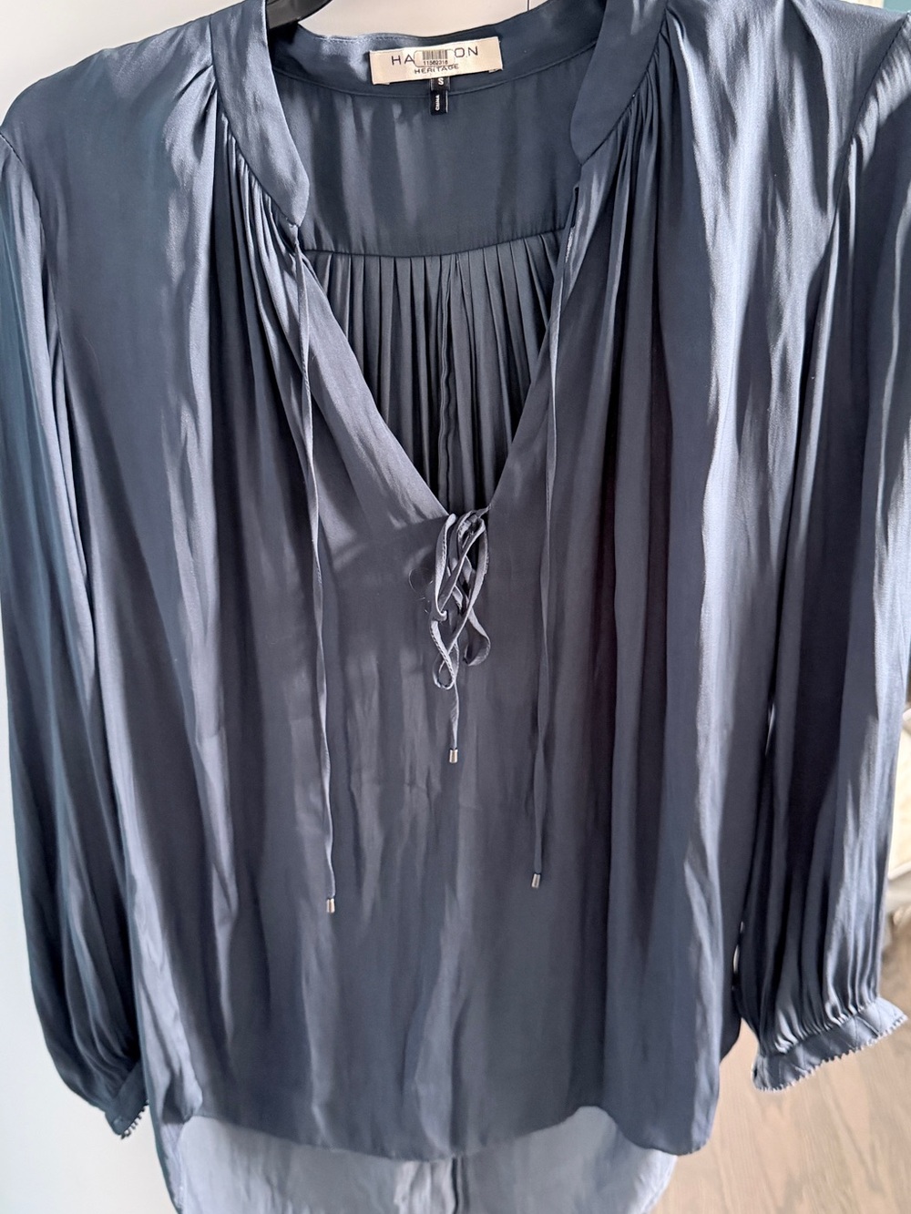 Halston Heritage Satin Pleated Tie-Neck Blouse - Slate Blue